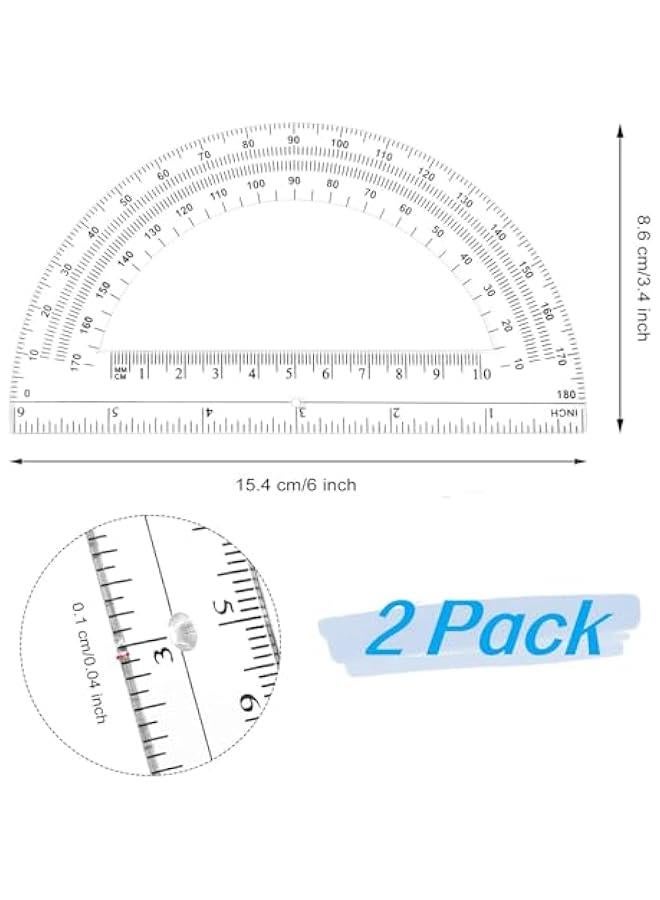 Set of 2 Clear 6 Inch Plastic Protractors for Geometry Classroom Students, Measure Angles up to 180 Degrees, Ideal for School and Office Supplies. - Image 2