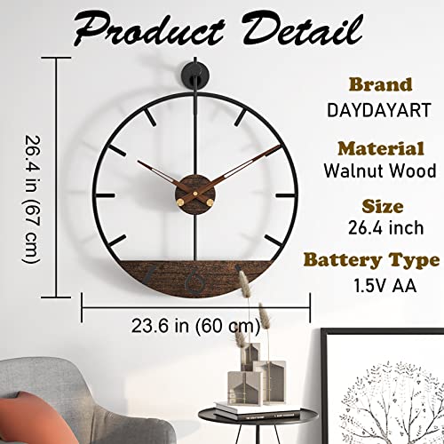 DAYDAYART Modern Wood Walnut Dial Wall Clock, Large Simple Wall Decor Metal Frame Silent Non Ticking Clock for Living Room Decor, Kitchen, Bedroom, Study Decoration, Handmade Home Gift Idea, 26.4 in - Image 3