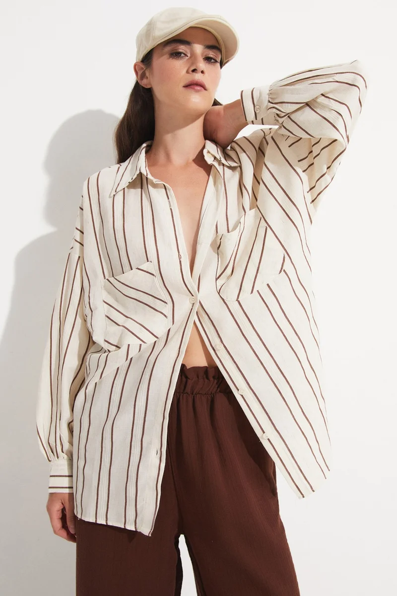 JUNE Women's Cotton Blend Striped Loose Fit Shirt
