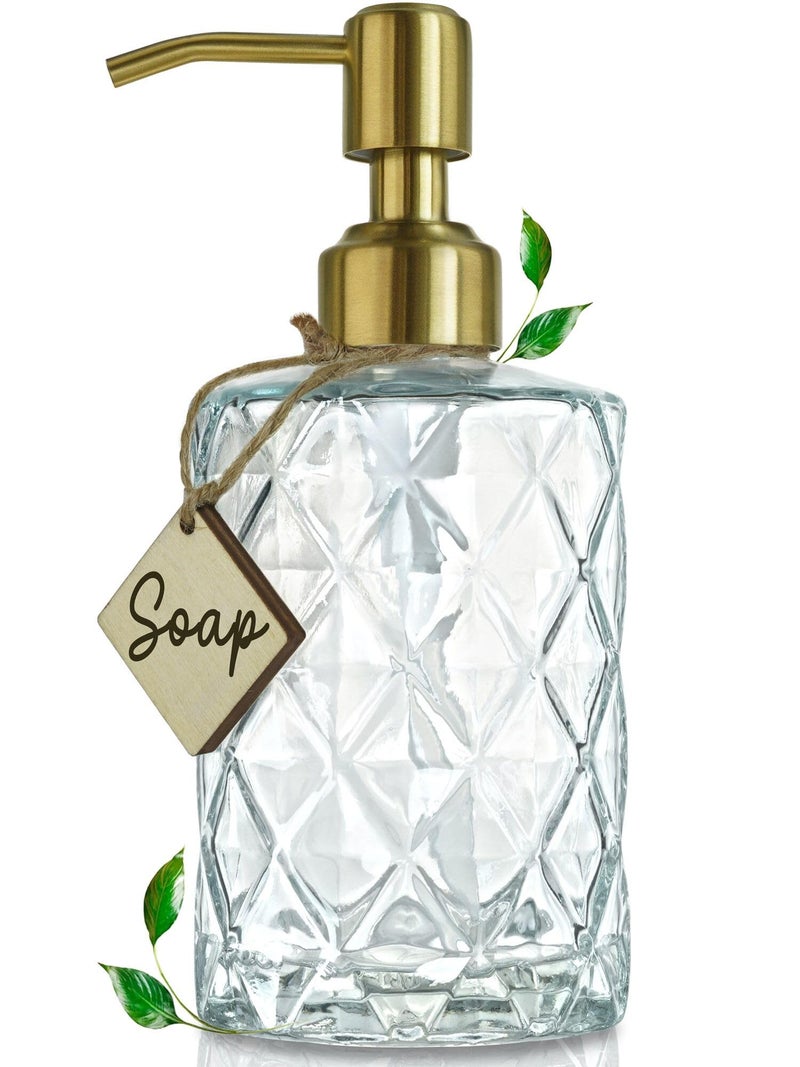 JASAI Diamond Design Glass Soap Dispenser with Golden Pump, Refillable Hand soap Dispenser for Kitchen, Soap Dispenser Bathroom for Soap, Hand soap, Dish Soap, Lotion. - Image 1