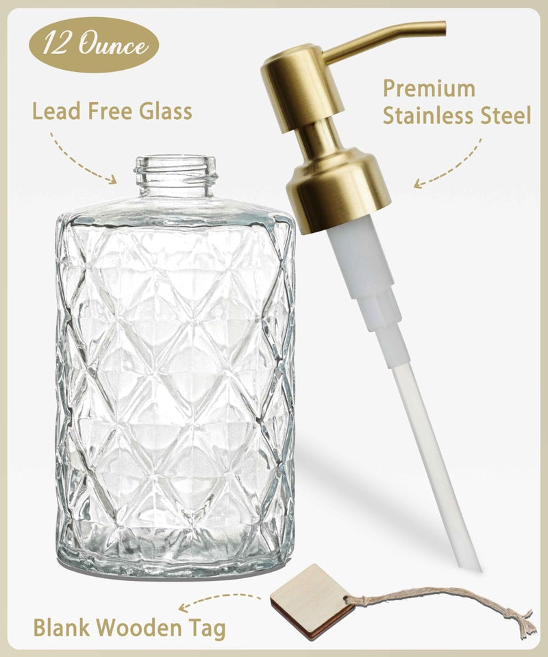 JASAI Diamond Design Glass Soap Dispenser with Golden Pump, Refillable Hand soap Dispenser for Kitchen, Soap Dispenser Bathroom for Soap, Hand soap, Dish Soap, Lotion. - Image 2