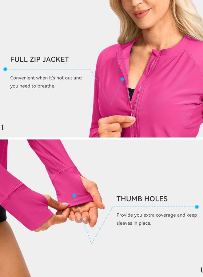 SANTINY Women's Rash Guard UPF50+ SPF UV Protection Long Sleeve Swimsuit Top with Pockets Zip Front Swim Shirts Woman, Rose, L - Image 5