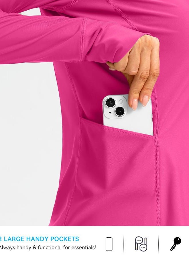 SANTINY Women's Rash Guard UPF50+ SPF UV Protection Long Sleeve Swimsuit Top with Pockets Zip Front Swim Shirts Woman, Rose, L - Image 4