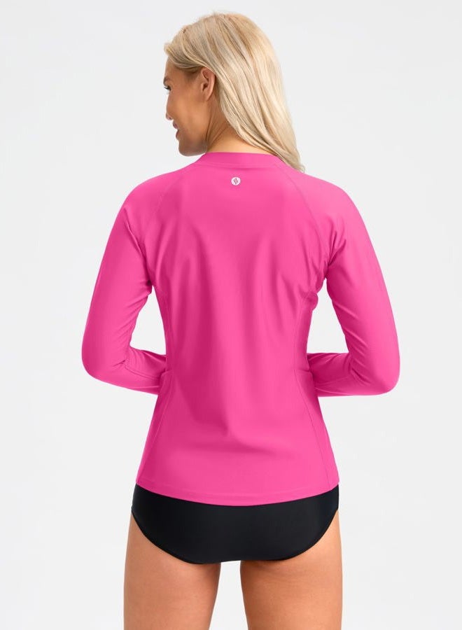 SANTINY Women's Rash Guard UPF50+ SPF UV Protection Long Sleeve Swimsuit Top with Pockets Zip Front Swim Shirts Woman, Rose, L - Image 3