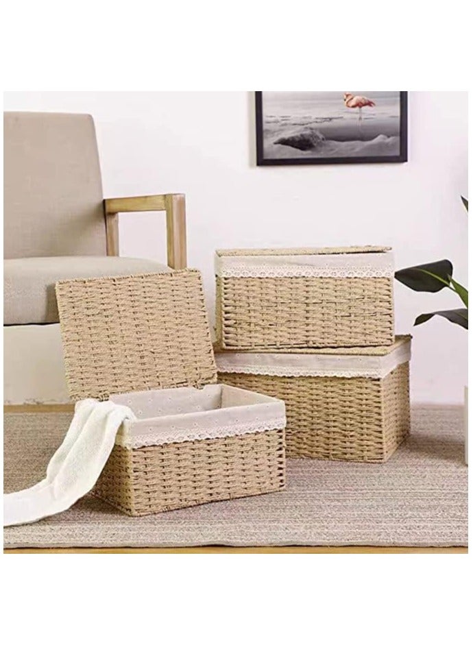LINGWEI Woven Storage Basket Set of 3 with Removable Fabric Liner Stackable, Lid & Open Basket - Image 1