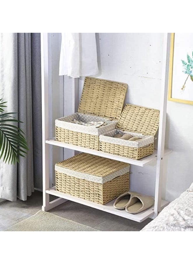 LINGWEI Woven Storage Basket Set of 3 with Removable Fabric Liner Stackable, Lid & Open Basket - Image 2