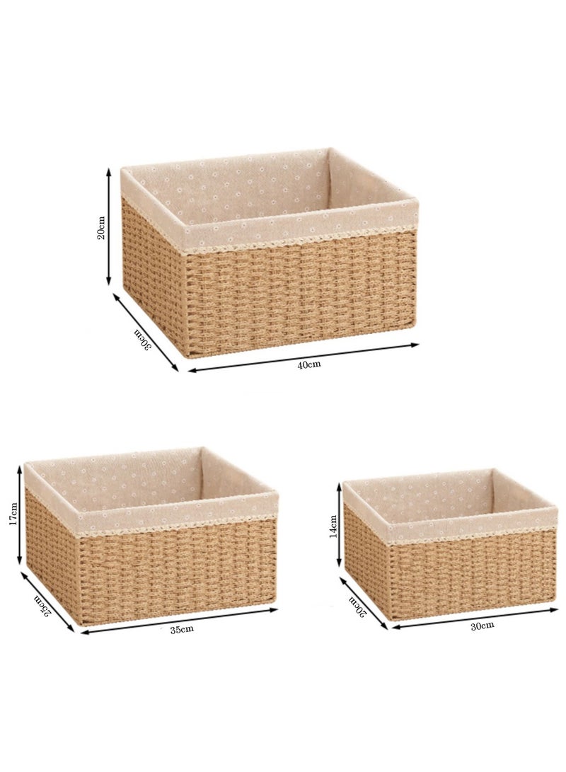 LINGWEI Woven Storage Basket Set of 3 with Removable Fabric Liner Stackable, Lid & Open Basket - Image 4