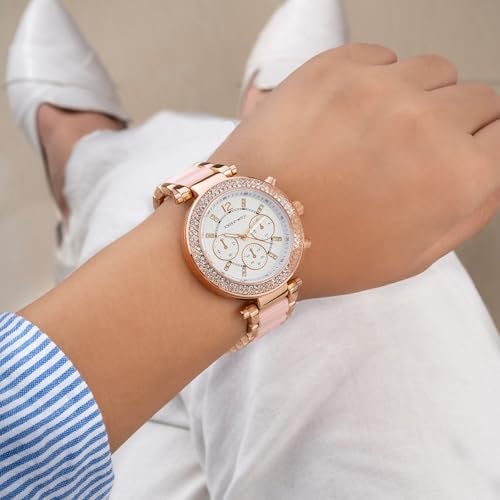 Joker & Witch 40mm Rosegold and Pink Ceramic Metallic Strap Watch for Women - Image 3
