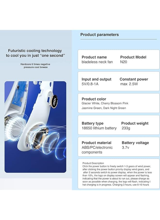 DMG TECH - Portable Neck Fan Bladeless Wearable Personal Fan Rechargeable Usb Fan 3 Speed 60 Air Outlet Quiet 360° Cooling Hanging Neck Fan Mini Hand Free Neck Fan With Led Display And Usb Rechargeable - Image 1
