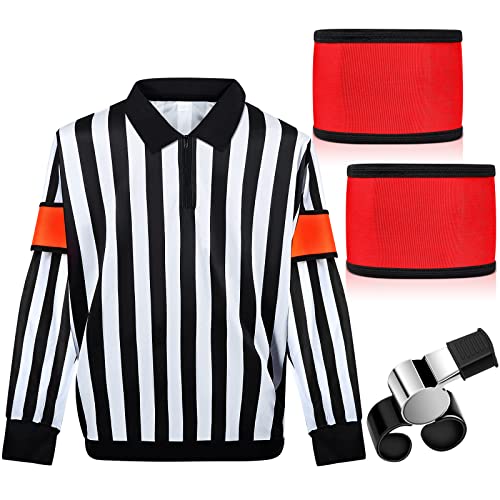 Hicarer Ice Hockey Long Sleeve Striped Referee Shirt Mens Official Referee Costume Orange Red Armbands Finger Grip WhistleXL - Image 1