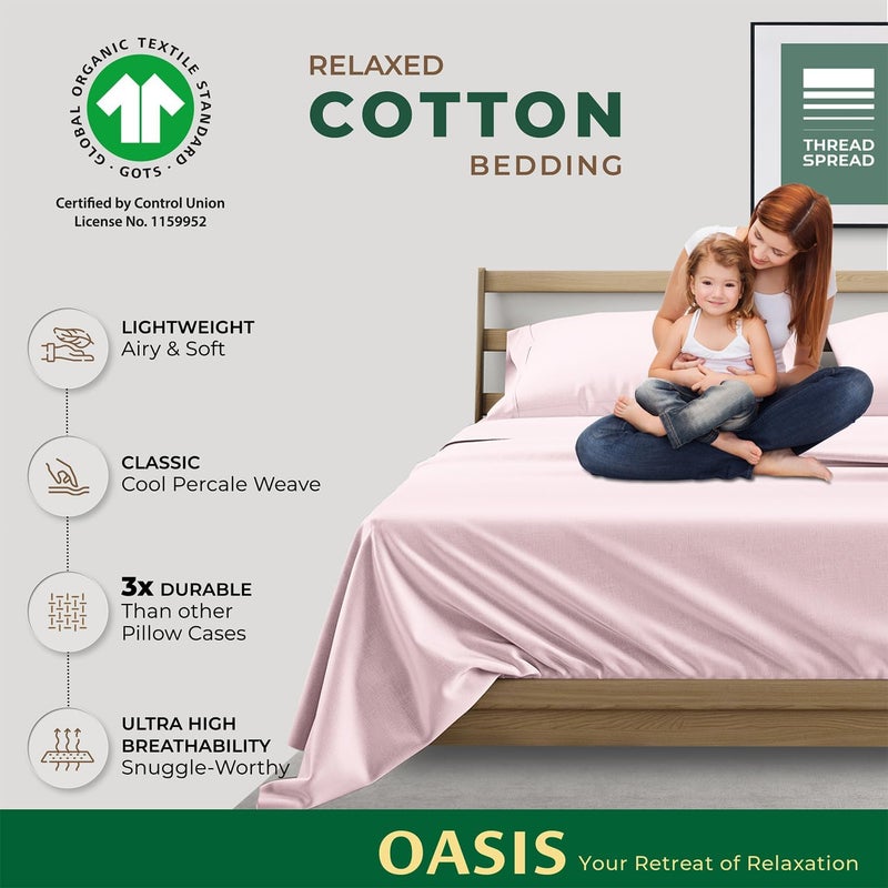 THREAD SPREAD 100% Organic Cotton Pillow Cases Standard Size - Natural Cotton Pillow Cases Queen Size Set of 2 (Blush), Soft, Cooling, Crisp & Breathable Percale Weave Pillowcase, GOTS Certified - Image 5