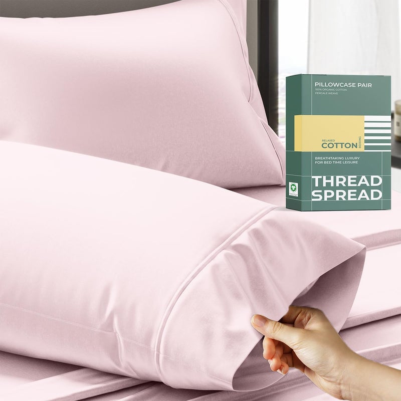 THREAD SPREAD 100% Organic Cotton Pillow Cases Standard Size - Natural Cotton Pillow Cases Queen Size Set of 2 (Blush), Soft, Cooling, Crisp & Breathable Percale Weave Pillowcase, GOTS Certified - Image 1