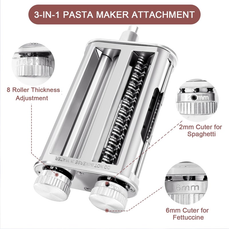 RAFBAR Pasta Maker Attachment for KitchenAid Stand Mixers, 3-in-1 Pasta Roller & Cutter Set with Spaghetti and Fettuccine Cutter Blades, Adjustable 8 Thickness Settings, Durable Metal Construction - Image 2