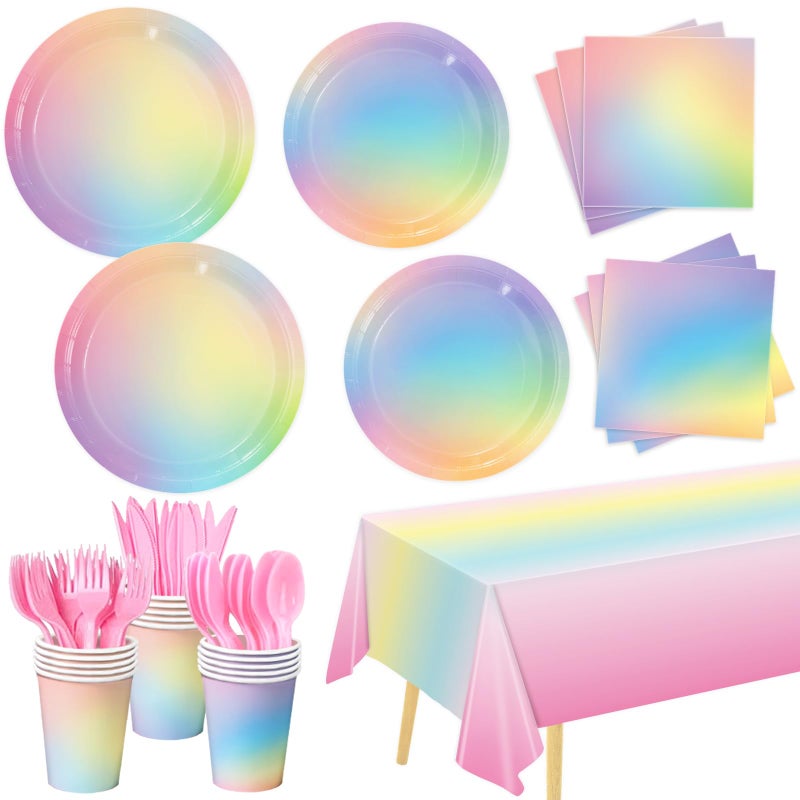 LINHAXM 169 PCS Rainbow Party Decorations Disposable Paper Plates Napkins Cups Cutlery Tablecloth Pastel Rainbow Birthday Decorations for Girls Baby Shower Serves 24 - Image 2