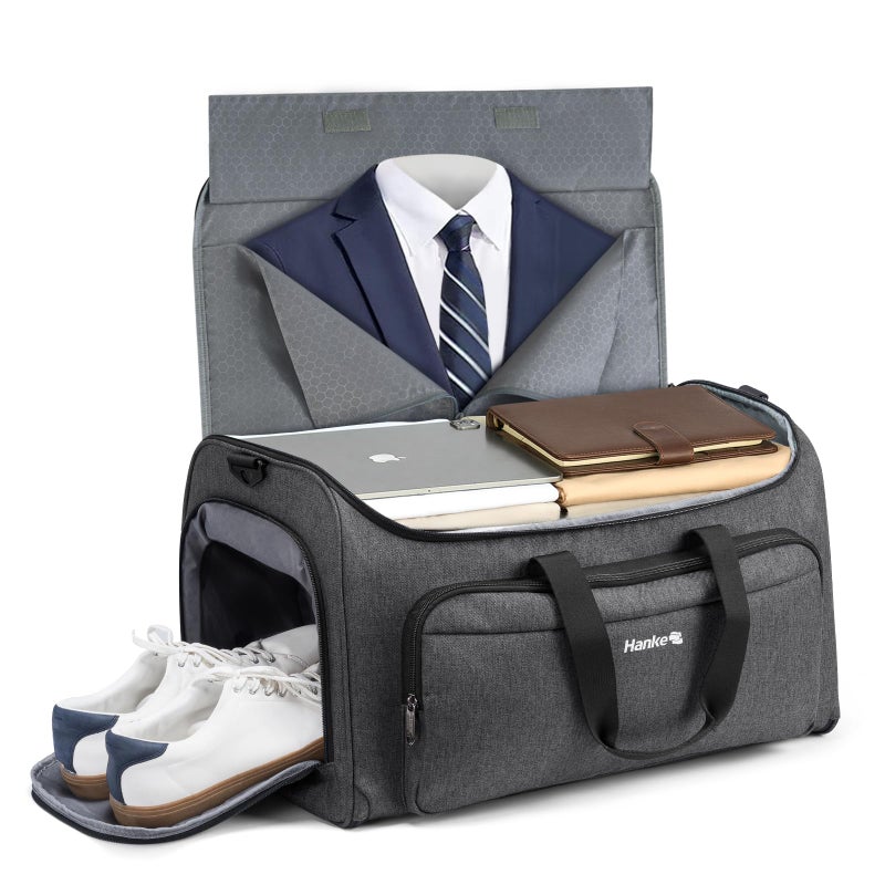 Hanke Carry on Garment Bags for Travel,Convertible Duffle Bag Luggage Bag Weekend Bag with Shoe Compartment,2 in 1 Hanging Suitcase Suit Bag for Men Women,Dark Grey - Image 1