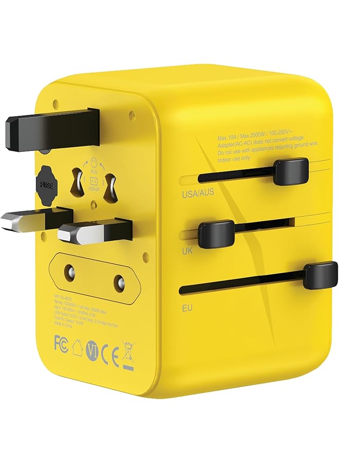 GREEN LION محول سفر عالمي 12 واط من جرين ليون، حماية من الدائرة القصيرة، تصنيف أقصى 2500 واط، مدمج للغاية، مناسب للسفر - أصفر - Image 1