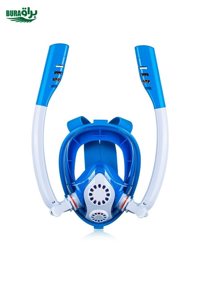 BURAQ - Kids Double Tube Full Dry Silicone Diving  Snorkeling Mask Swimming Glasses, Size: XS(White Blue) - Image 1
