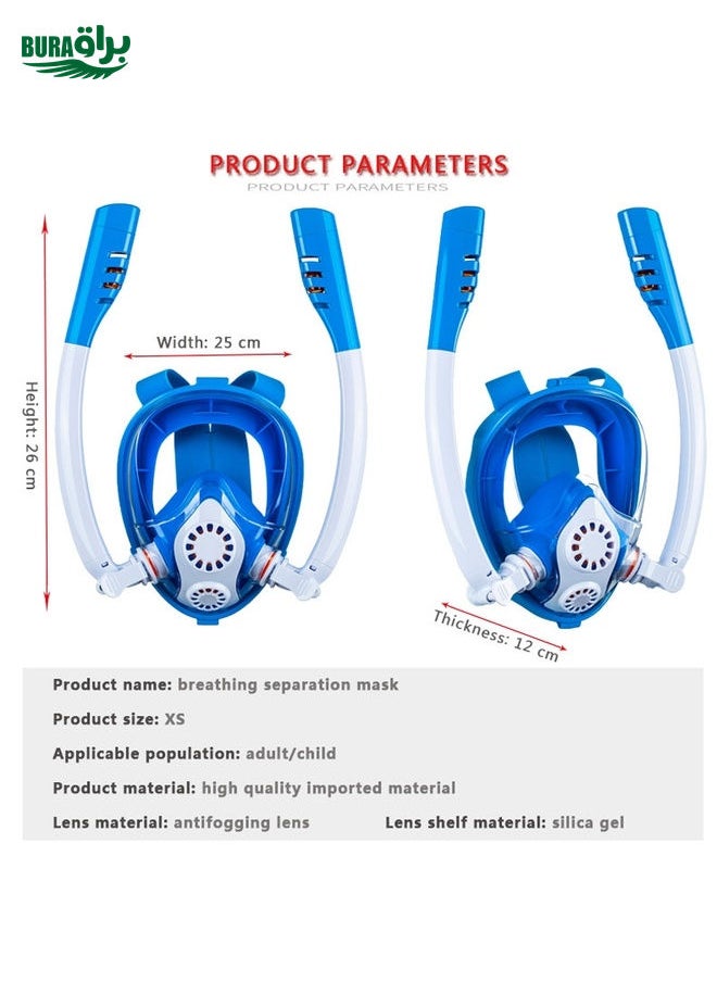 BURAQ - Kids Double Tube Full Dry Silicone Diving  Snorkeling Mask Swimming Glasses, Size: XS(White Blue) - Image 1