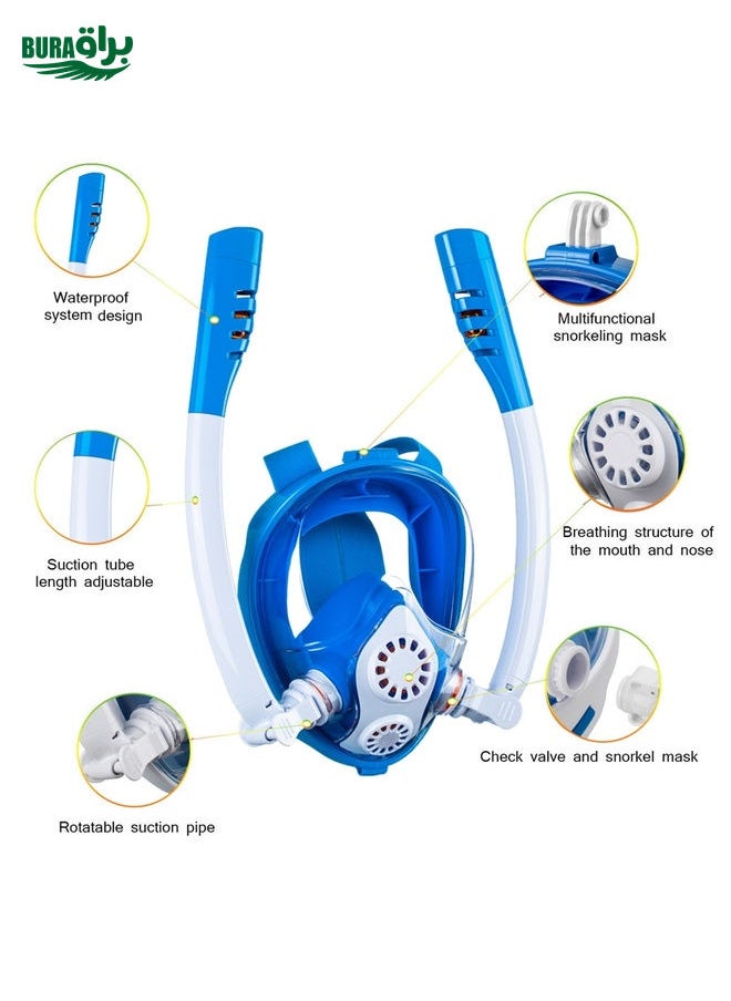 BURAQ - Kids Double Tube Full Dry Silicone Diving  Snorkeling Mask Swimming Glasses, Size: XS(White Blue) - Image 1
