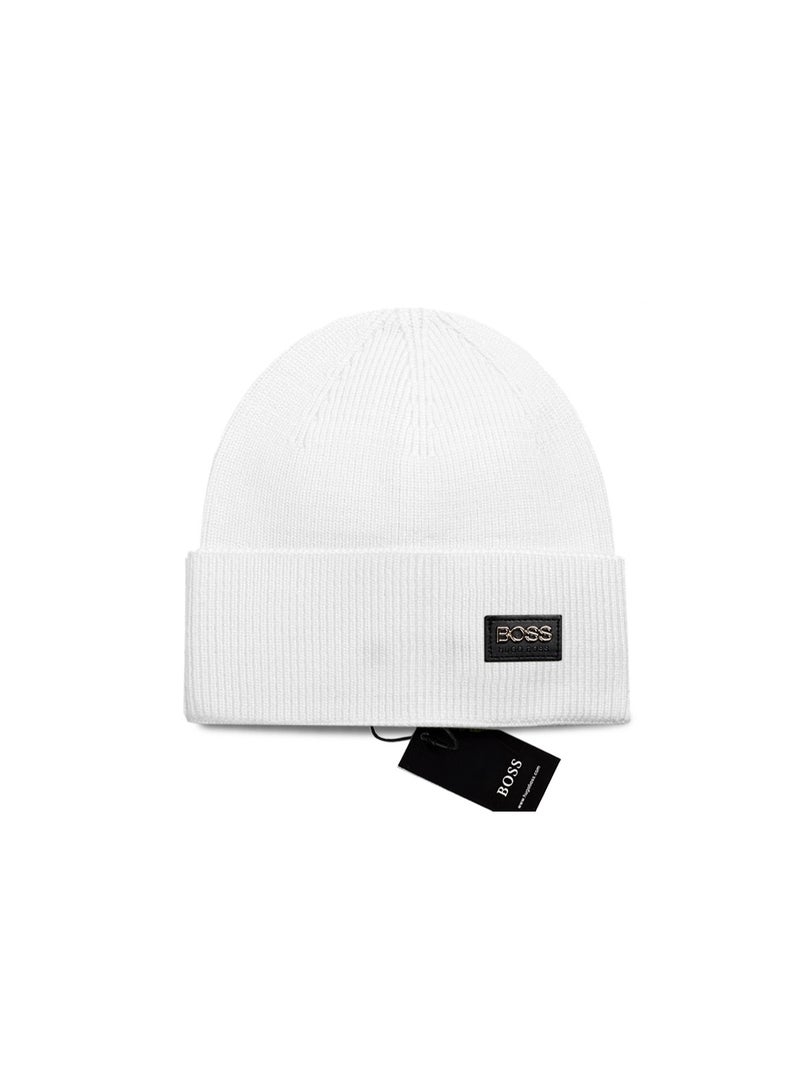 BOSS White Knit Beanie with Embroidered Leather Brand Patch