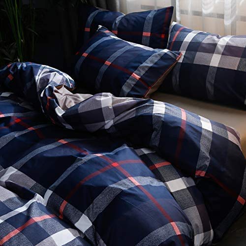 KAREVER Navy Plaid Comforter Set Cal King Multicolor Checkered Bedding Set Navy Blue Tartan Grid Comforter Striped Women Navy Blue Blanket Cal King Breathable Navy Blue Checkered Bed Comforter Set - Image 3