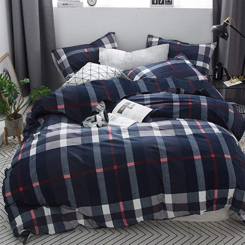 KAREVER Navy Plaid Comforter Set Cal King Multicolor Checkered Bedding Set Navy Blue Tartan Grid Comforter Striped Women Navy Blue Blanket Cal King Breathable Navy Blue Checkered Bed Comforter Set - Image 2