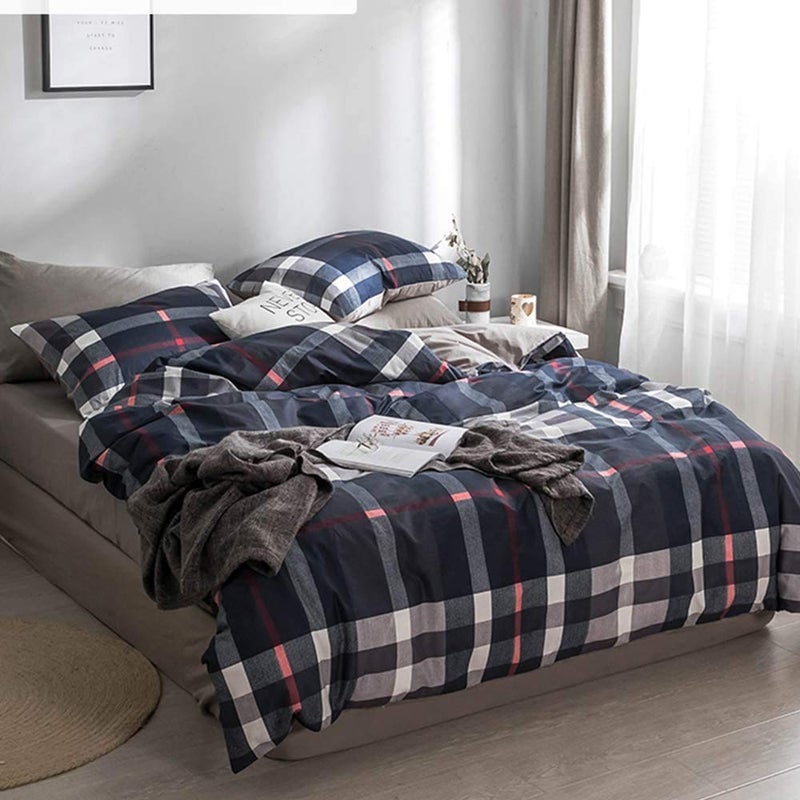 KAREVER Navy Plaid Comforter Set Cal King Multicolor Checkered Bedding Set Navy Blue Tartan Grid Comforter Striped Women Navy Blue Blanket Cal King Breathable Navy Blue Checkered Bed Comforter Set - Image 4