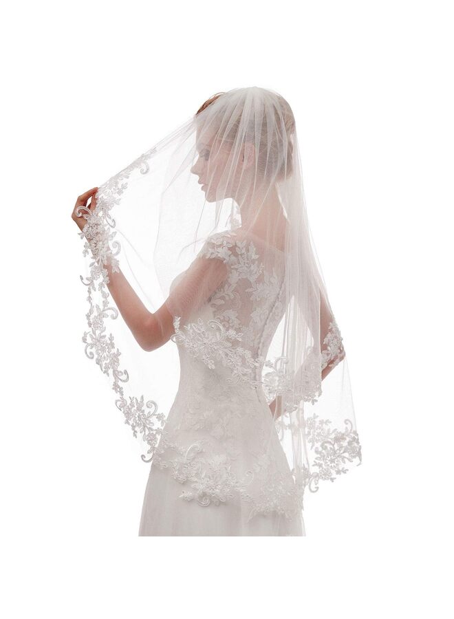 طرحة زفاف نسائية قصيرة من طبقتين مع مشط لحفلات توديع العزوبية، طرحة بطول الكتف (أ) - Image 1