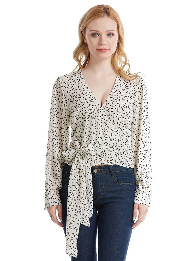 إسكدنيا Women's V-Neck Long Sleeve Top Dot Print Chiffon Blouse With Ribbon White/Black  - Image 1