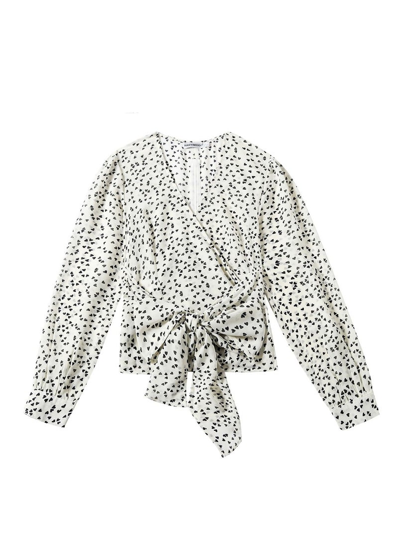 إسكدنيا Women's V-Neck Long Sleeve Top Dot Print Chiffon Blouse With Ribbon White/Black  - Image 3