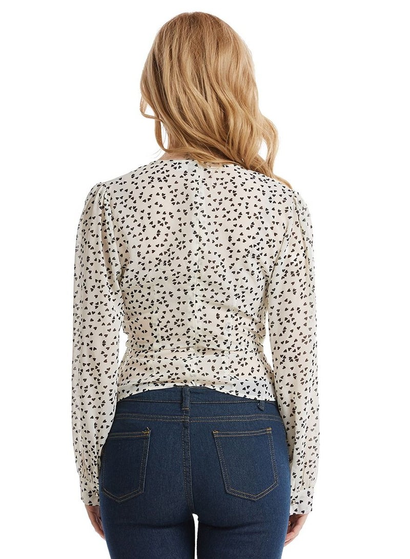 إسكدنيا Women's V-Neck Long Sleeve Top Dot Print Chiffon Blouse With Ribbon White/Black  - Image 2