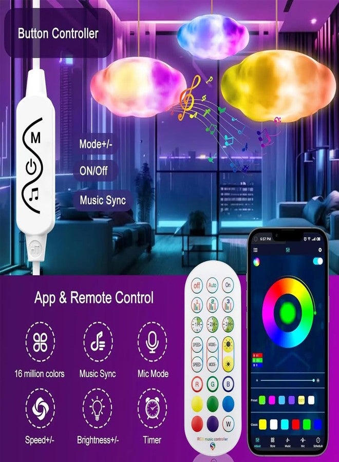 TECPHILE 3D DIY Cloud Light RGBIC Ceiling Kit - App & Remote Music Sync, 16M Colors Thunderstorm Effect, USB Powered Cotton Cloud LED Strip Lamp for Bedroom Gaming Room Insta Decor - Image 2