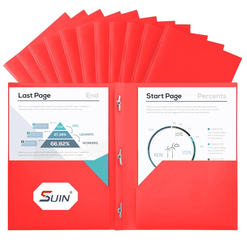 SUIN Plastic Project-Folders with 2 Pockets & 3 Prong, Bulk Pack Project File-Folder for US Letter Size Papers, Ideal for School & Office, Assorted Pastel Colors (Red) - Image 1