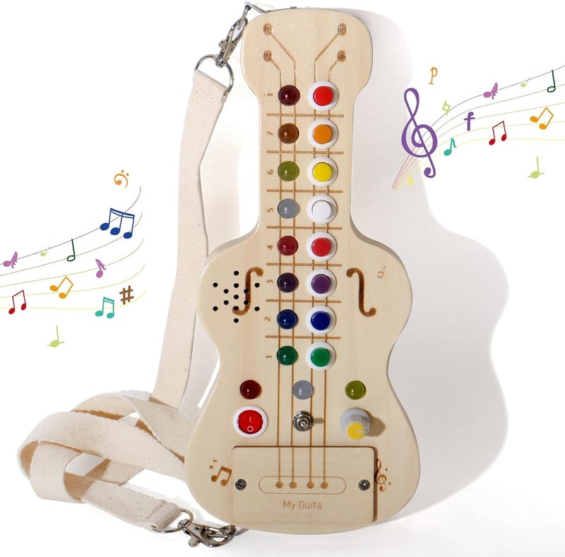 Montessori Toddler Busy Board Toys, Wooden Guitars Sensory Board ,Travel Toy for Kids with LED Light Musical Sound Buttons,Activity Educational Learning Toy for 3+ Years Old