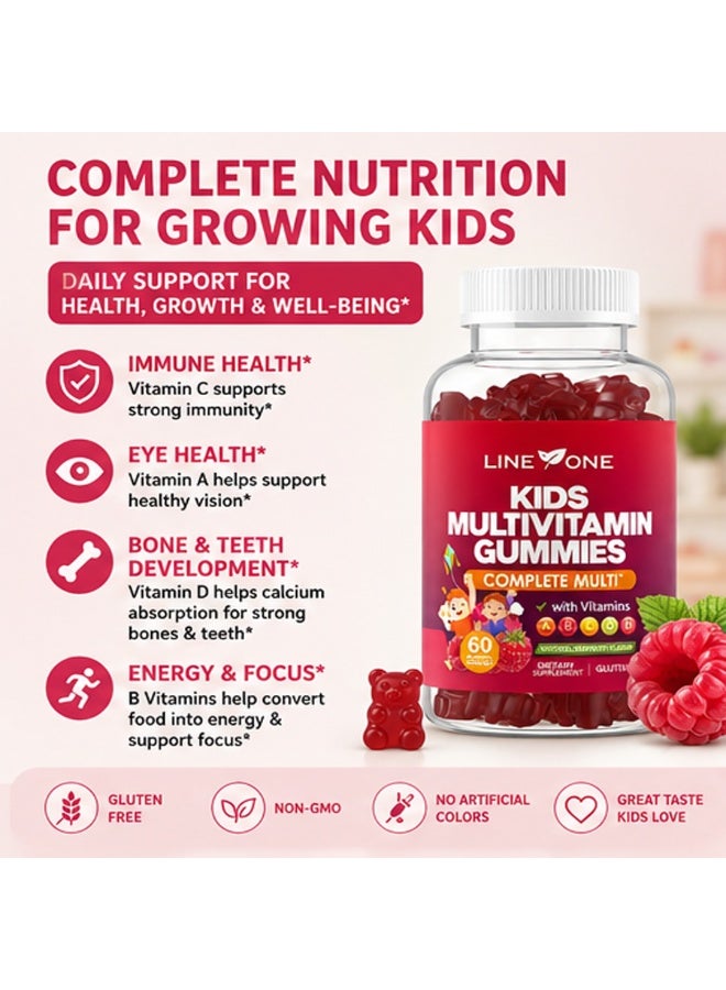 LINE ONE Kids Multivitamin Gummies with Vitamins A, C, D, E, K and B Complex – Complete Multivitamin with Immune Support for Children – Raspberry Flavor – Gluten-Free, Non-GMO, Vegan - 60 Gummies - Image 1