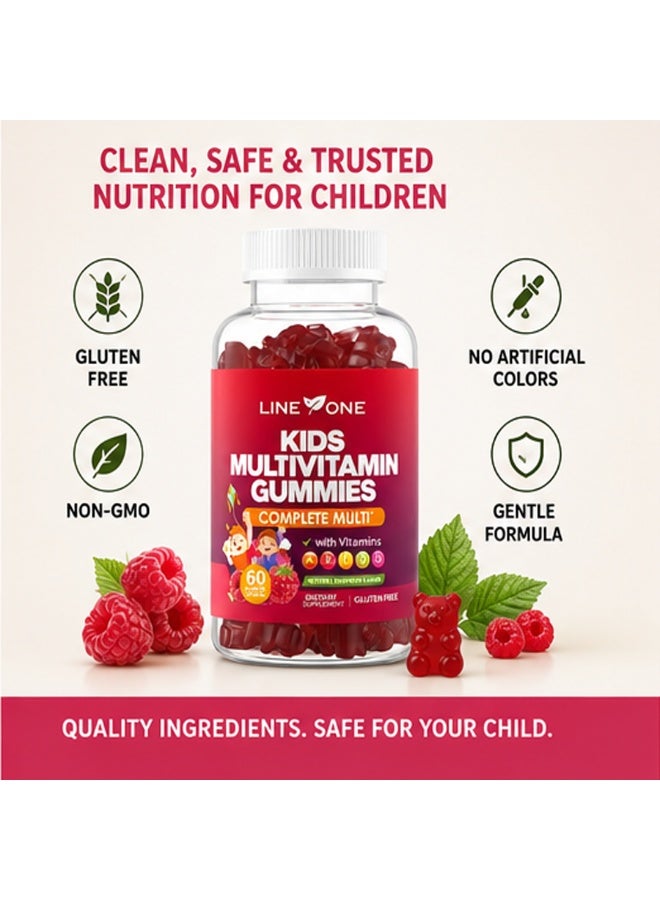 LINE ONE Kids Multivitamin Gummies with Vitamins A, C, D, E, K and B Complex – Complete Multivitamin with Immune Support for Children – Raspberry Flavor – Gluten-Free, Non-GMO, Vegan - 60 Gummies - Image 5
