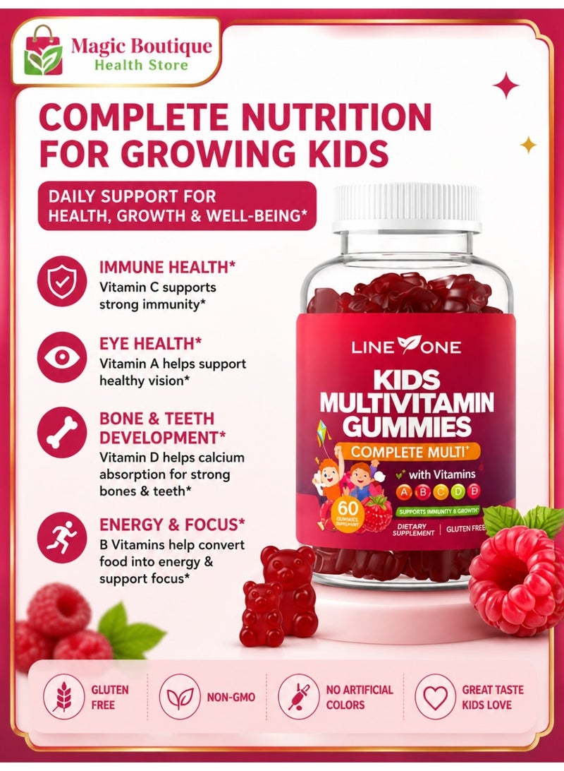 LINE ONE Kids Multivitamin Gummies with Vitamins A, C, D, E, K and B Complex – Complete Multivitamin with Immune Support for Children – Raspberry Flavor – Gluten-Free, Non-GMO, Vegan - 60 Gummies - Image 2