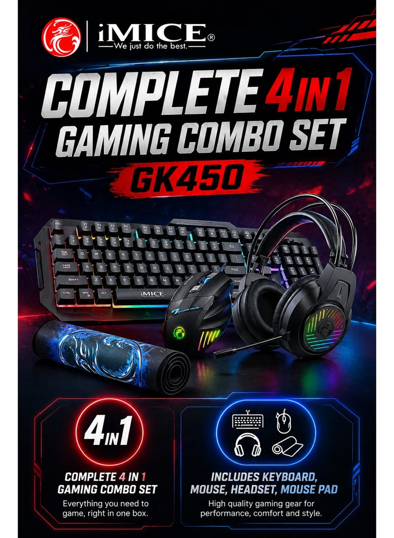 iMICE GK450 High Quality 4 in 1 Gaming Combo Pack RGB Keyboard Mouse Headset Mouse Pad Wired Set for PC Laptop - Image 2