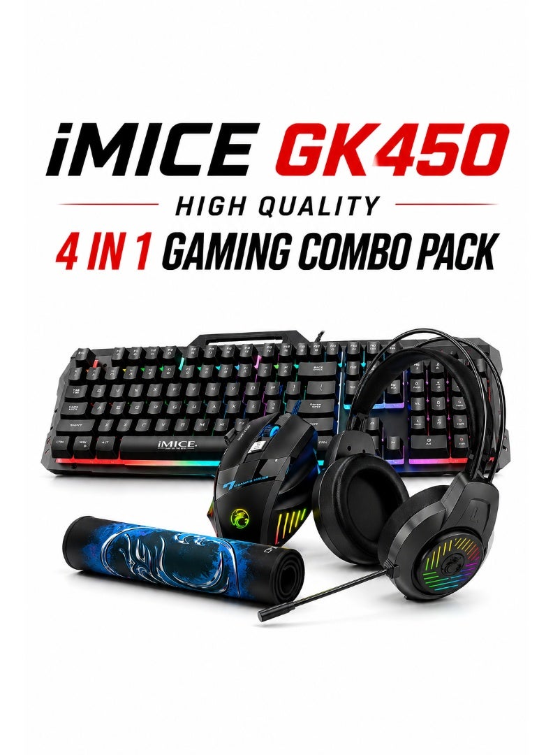 iMICE GK450 High Quality 4 in 1 Gaming Combo Pack RGB Keyboard Mouse Headset Mouse Pad Wired Set for PC Laptop - Image 1