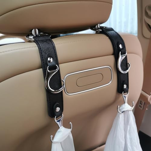 yicheyiyou Headrest Hooks for Car Back Seat Organizer Black Faux Leather Hanger Holder Hook for Hanging Purses and Bags and Coats Grocery Bag Umbrellas Handbag Car Accessories Interior Men for Women - Image 1