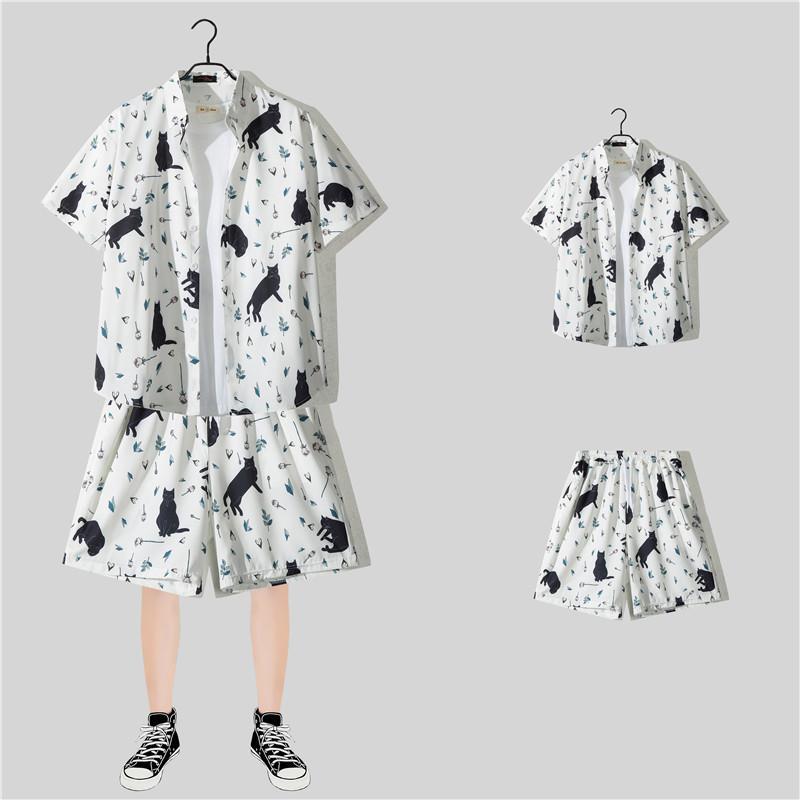 Generic Hawaiian Seaside Beach Vacation Suit Mens Loose Large Size Couple Trendy Brand Short-Sleeved Floral Shirt Casual Two-Piece Set 5151 set 