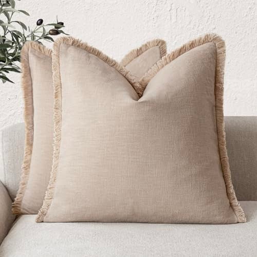 Foindtower Set of 2 Decorative Cozy Farmhouse Cushion Cover Linen Fringe Throw Pillow Covers with Tassels for Couch Sofa Bed Living Room Home Decor2626 InchTan Beige - Image 1