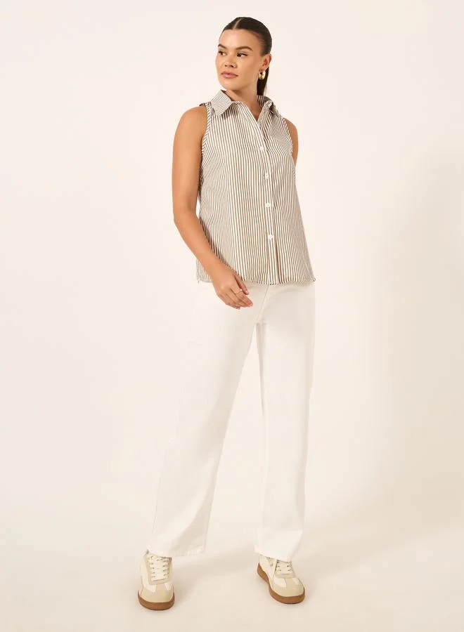 تايك تو Take Two Striped Sleeveless Spread Collar Blouse