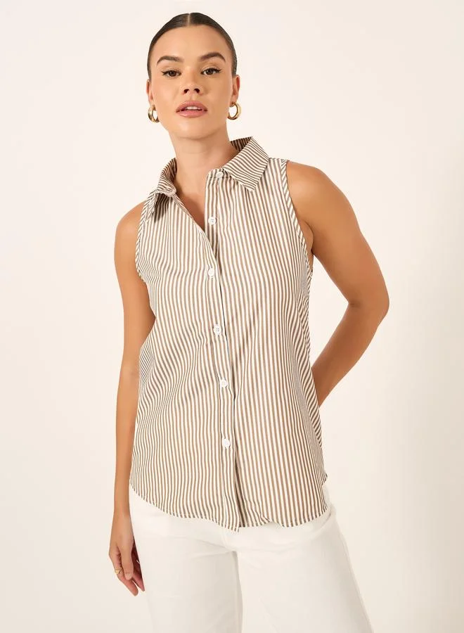 تايك تو Take Two Striped Sleeveless Spread Collar Blouse