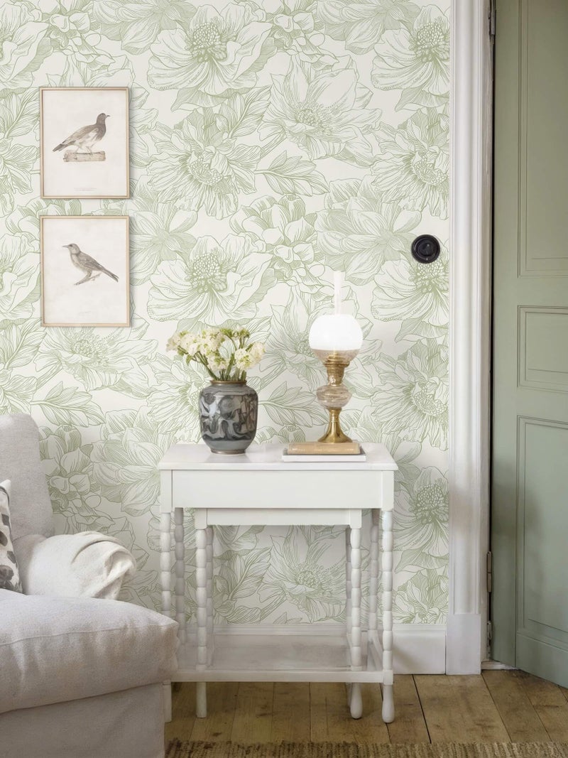 Ismoon Vintage Floral Wallpaper Peel and Stick Beige and Green Contact Paper 17.3inx6.5ft Removable Self Adhesive Wall Paper for Bathroom Bedroom Cabinet Mural Wall Decor Vinyl Renter Friendly - Image 3
