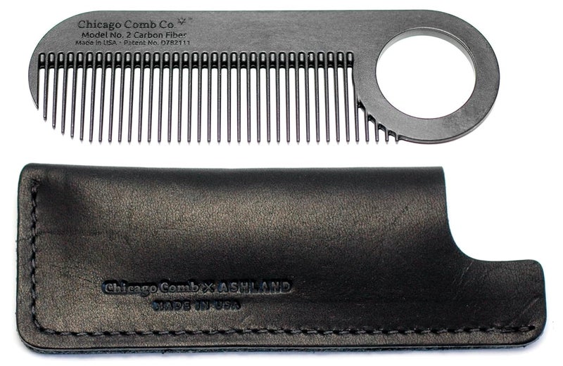 Chicago Comb No 2 Carbon Fiber  Black Horween leather sheath Made in USA Graphite Black comb  Dublin Black sheath