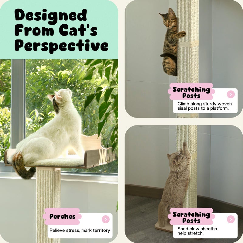 GreenPetopia Cat Window Perch with Thick Sisal Scratching Post, Cat Hammock for Window, 53.5" Adjustable Tall Cats Scratching Post with 2 Upgrade Suction Cups, Cats Window Bed with Fluffy Cushion, Sisal - Image 2