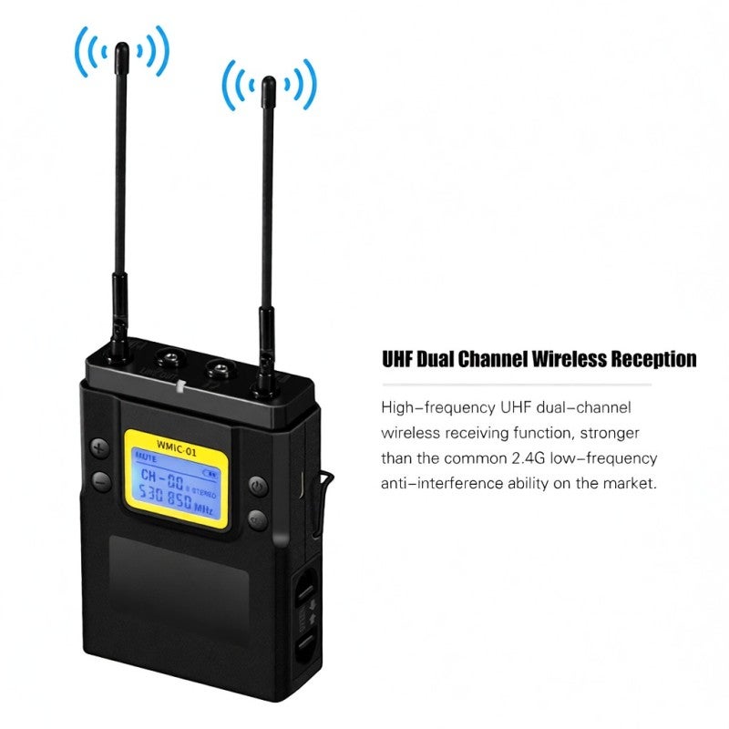 نظام ميكروفون لاسلكي UHF: استقبال إشارة مستقر بالتنوع الحقيقي، ضبط قناة تلقائيًا - إعداد قناة سريع وآمن، تشغيل محمول لاستخدام في المقابلات الإخبارية، تصوير الأفلام، استضافة البرامج، الشاي - Image 5