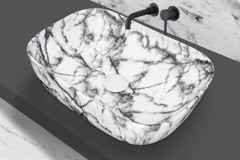 Reyal Premium Ceramic Table Top BasinSink Glossy Finish 13 x 18 x 55 Inch White Grey Marble For Bathroom - Image 1