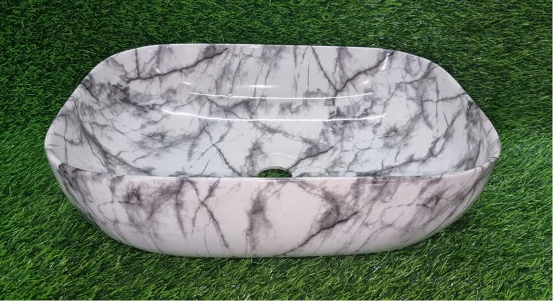 Reyal Premium Ceramic Table Top BasinSink Glossy Finish 13 x 18 x 55 Inch White Grey Marble For Bathroom - Image 2